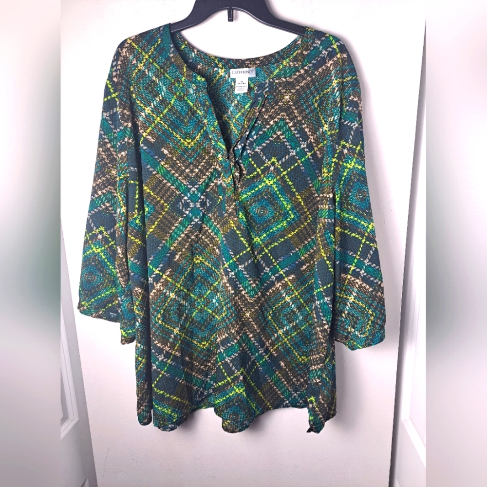 Catherine top green diamond plaid artsy popover button sz 3x